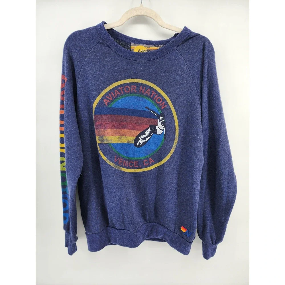 Aviator Nation Venice CA Rainbow Surfer‎ Crewneck Sweatshirt Blue Mens Medium